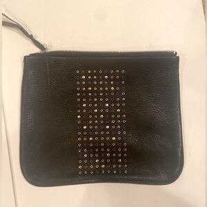 Cynthia Vincent Studded Black Leather Zip Top Clutch Purse Cosmetic Accessories